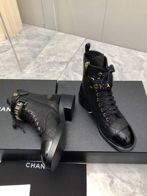 Chanel Qulited Lace Up Combat Boots Black