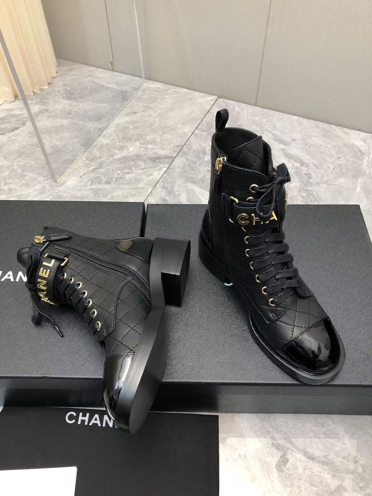 Chanel Qulited Lace Up Combat Boots Black - Image 5