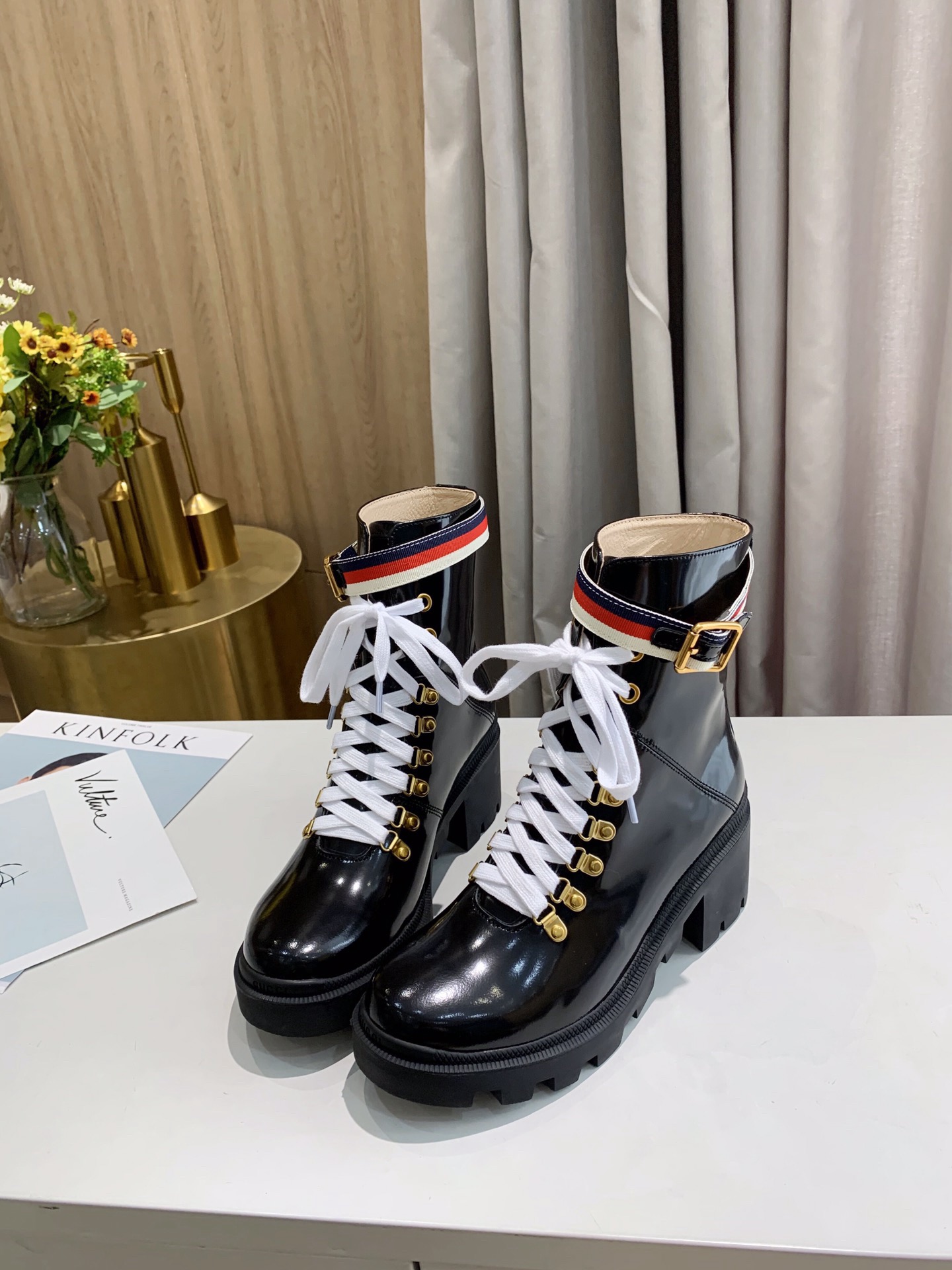Gucci Sylvie Web Accent Combat Boots - Image 1
