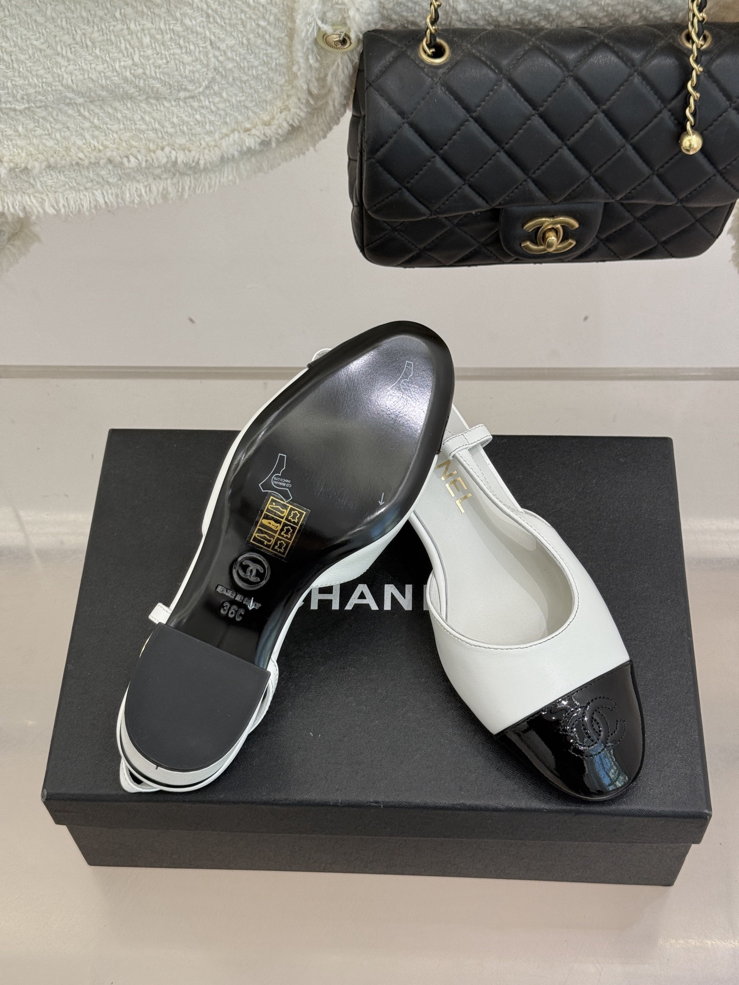 Chanel Black and White Slingback Heels - Image 9