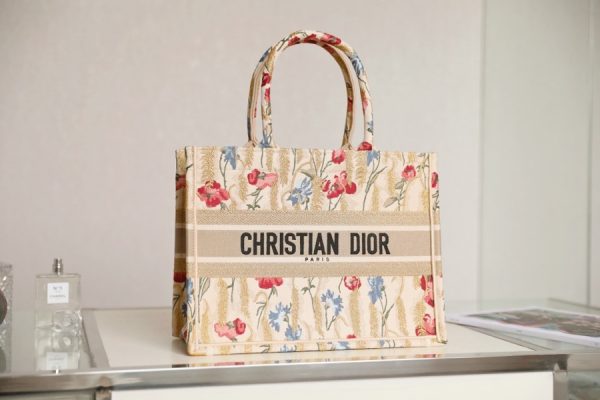 Dior Book Tote Natural Multicolor Raffia Embroidered With Dior Petites Fleurs