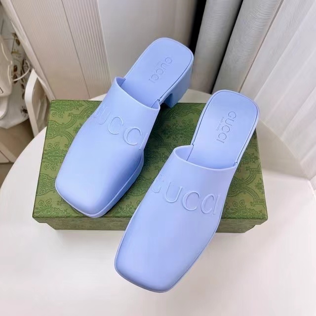 Gucci Shoes Open-Heel Bun Embossed Logo Chunky Heel Slide Sandal - Image 6