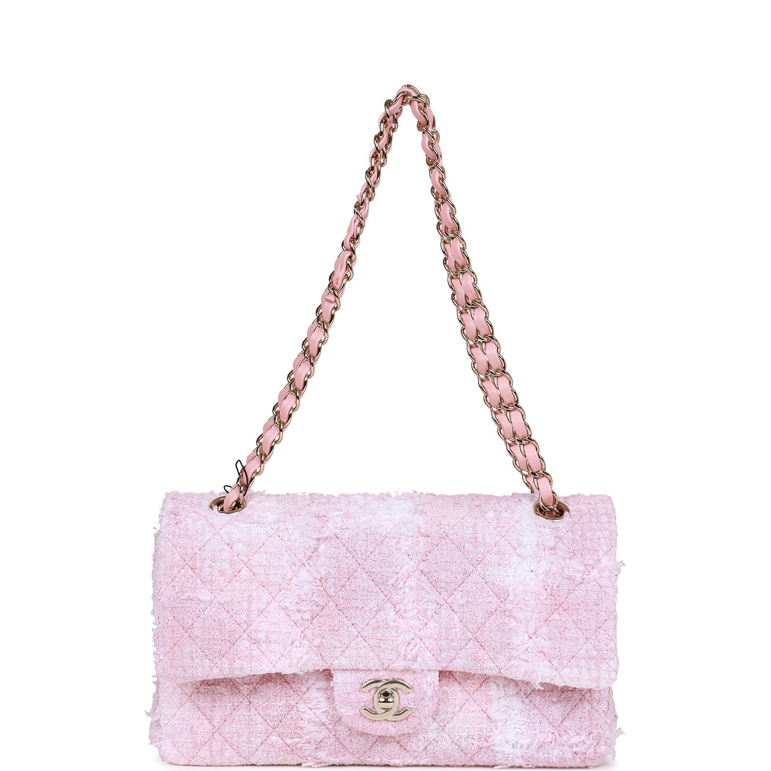 Chanel Classic Flag Bag Medium Classic Double Flap Bag Rose Sakura Tweed Light Gold Hardware - Image 7