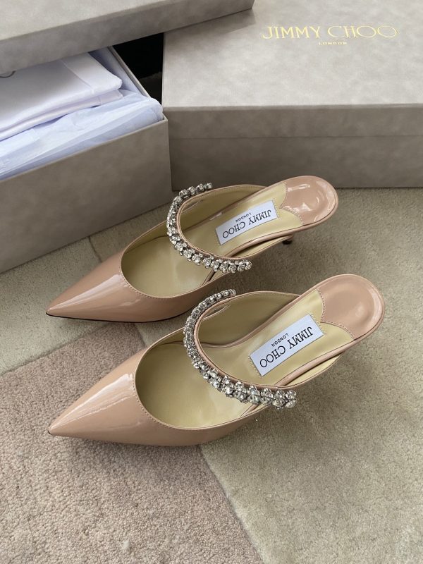 Jimmy Choo Bing 100 Ballet Pink Patent Leather Mules with Crystal Strap