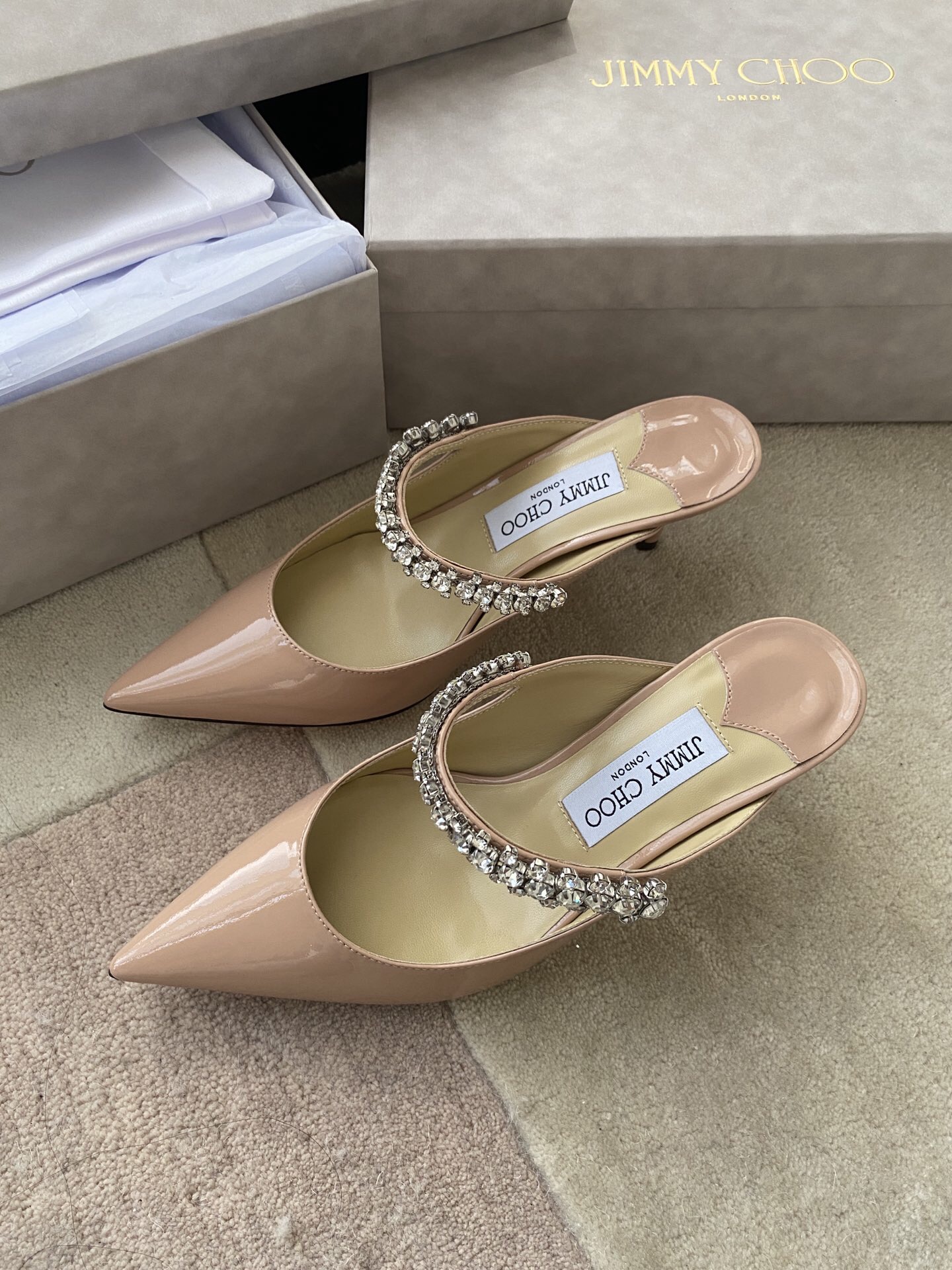 Jimmy Choo Bing 100 Ballet Pink Patent Leather Mules with Crystal Strap - Image 2