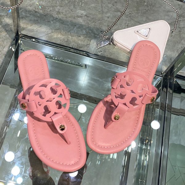 Tory Burch Leather Metal Double T Logo Flip-flops Sandals Slide