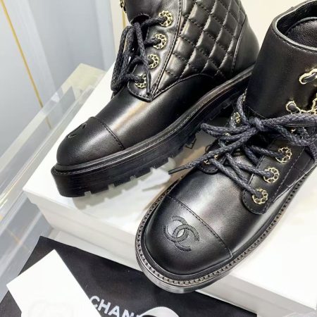 Chanel Shiny Qulited Lace Up Combat Boots Black - Image 5