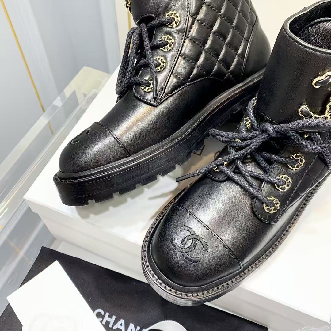 Chanel Shiny Qulited Lace Up Combat Boots Black - Image 5
