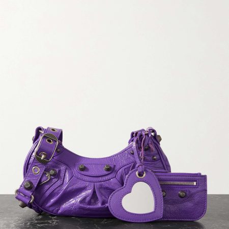BALENCIAGA Le Cagole XS studded crinkled-leather shoulder bag purple