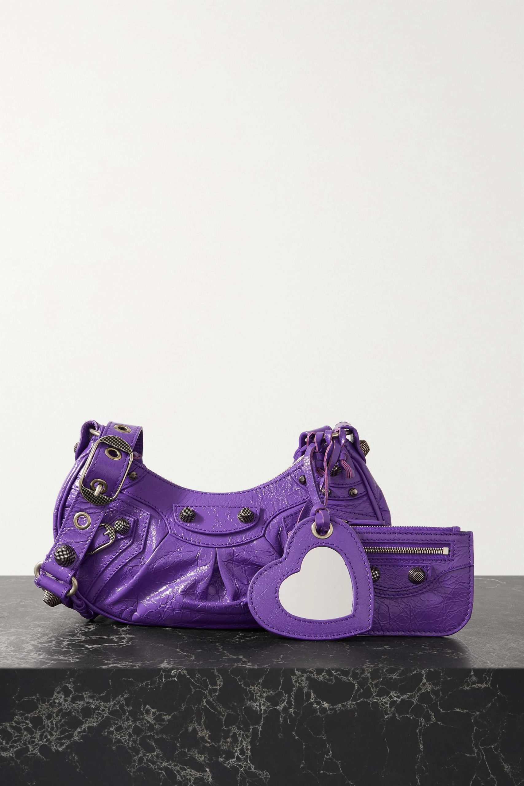 BALENCIAGA Le Cagole XS studded crinkled-leather shoulder bag purple - Image 1