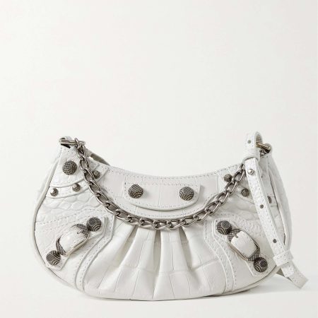 BALENCIAGA Le Cagole mini studded croc-effect leather shoulder bag white