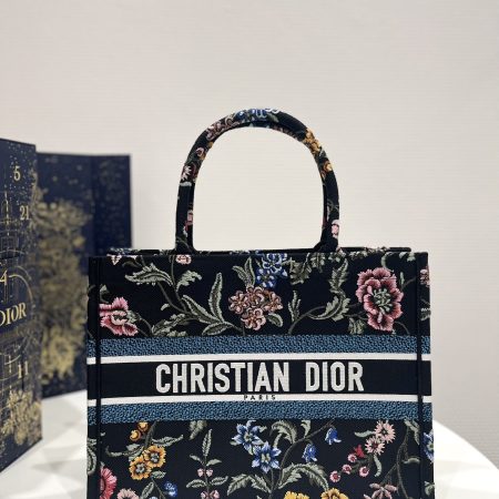 Dior Book Tote Medium Black Multicolor DiorPetitesFleurs Embroidery