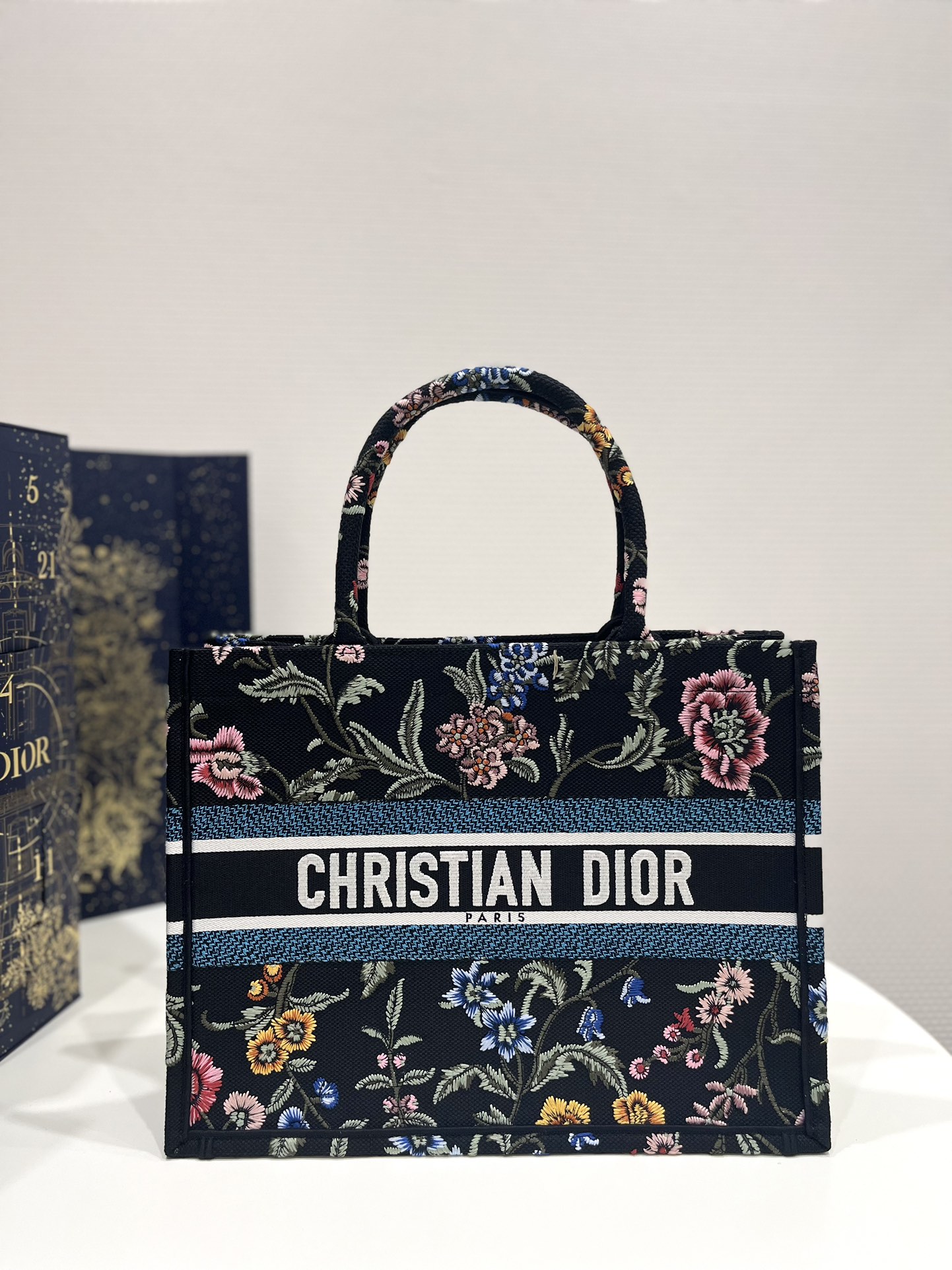 Dior Book Tote Medium Black Multicolor DiorPetitesFleurs Embroidery - Image 1