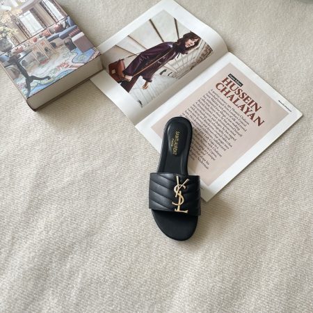 YSL 26P Embroidered Letter Flat Sandals