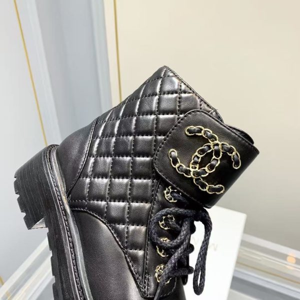 Chanel Shiny Qulited Lace Up Combat Boots Black