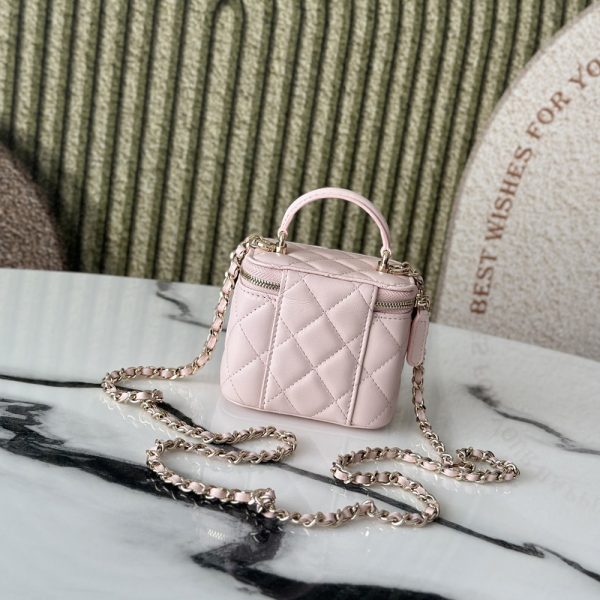 Chanel Lambskin Quilted Top Handle Mini Vanity Case With Chain Light Pink