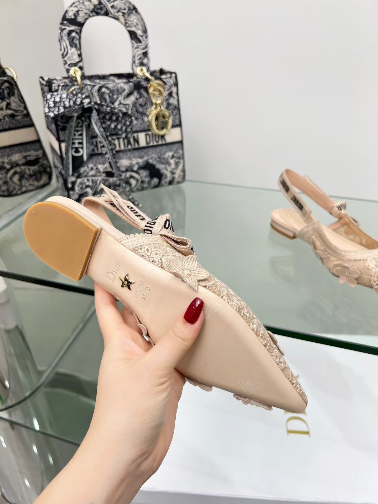 Dior Embroidered Sandals Slingback Flat Mules Pump Pink - Image 8