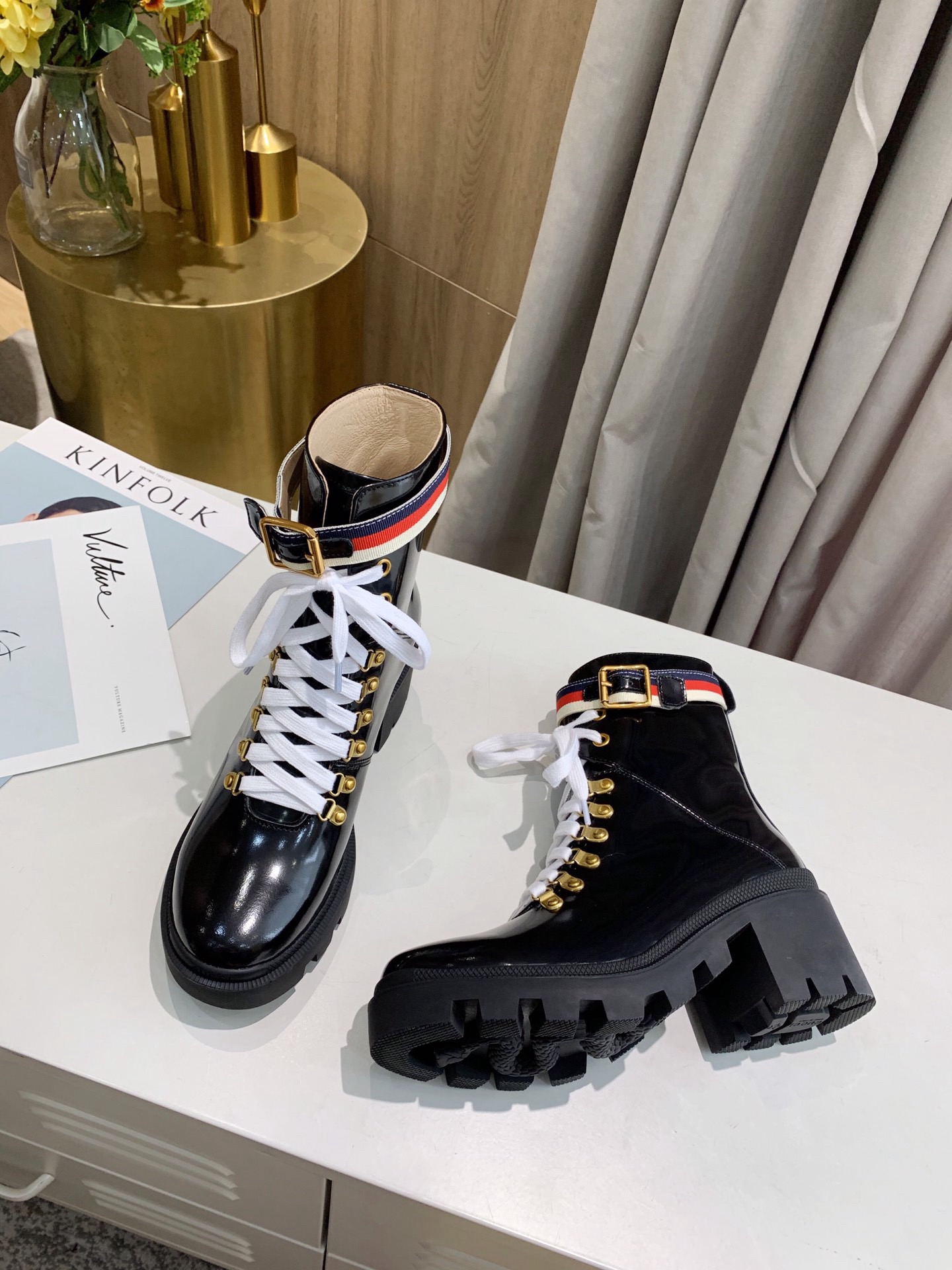 Gucci Sylvie Web Accent Combat Boots - Image 9