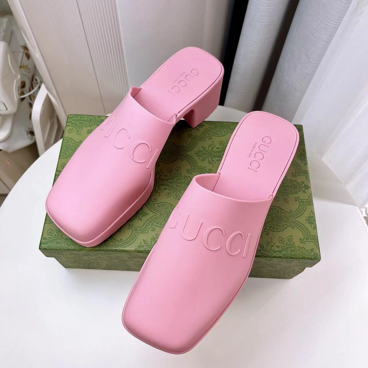 Gucci Shoes Open-Heel Bun Embossed Logo Chunky Heel Slide Sandal - Image 3