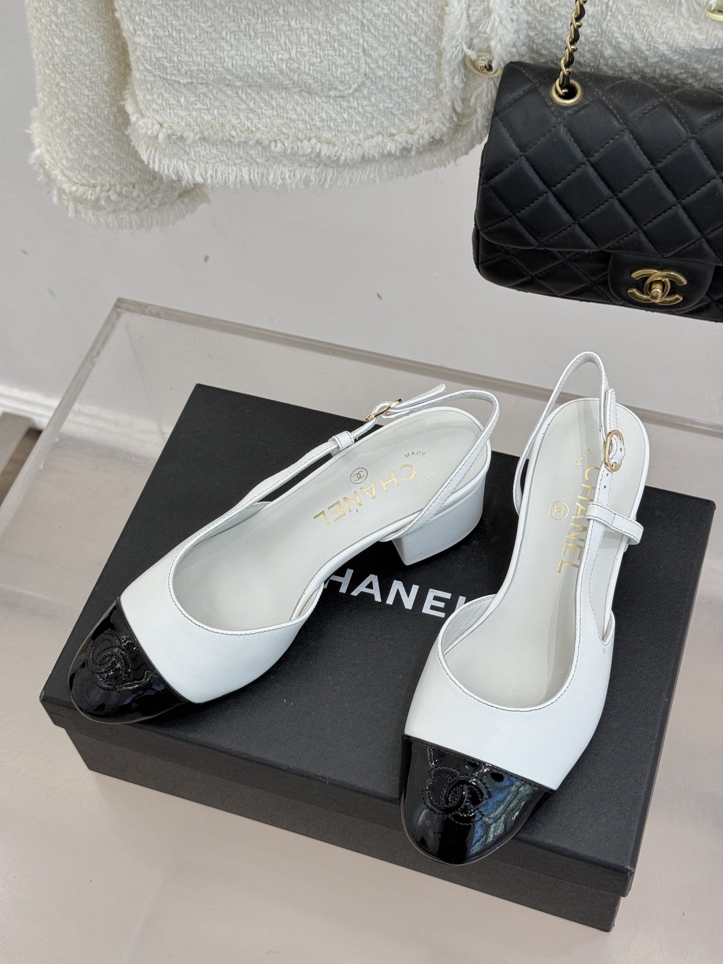 Chanel Black and White Slingback Heels - Image 2