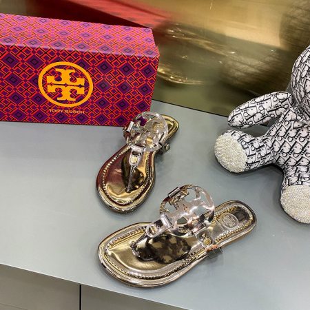 Tory Burch Leather Metal Double T Logo Flip-flops Sandals Slide - Image 12