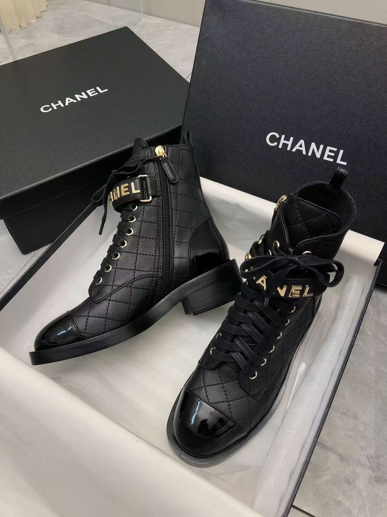 Chanel Qulited Lace Up Combat Boots Black - Image 9