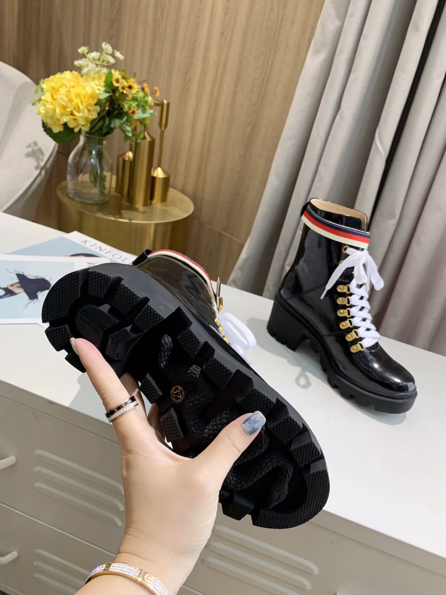 Gucci Sylvie Web Accent Combat Boots - Image 7