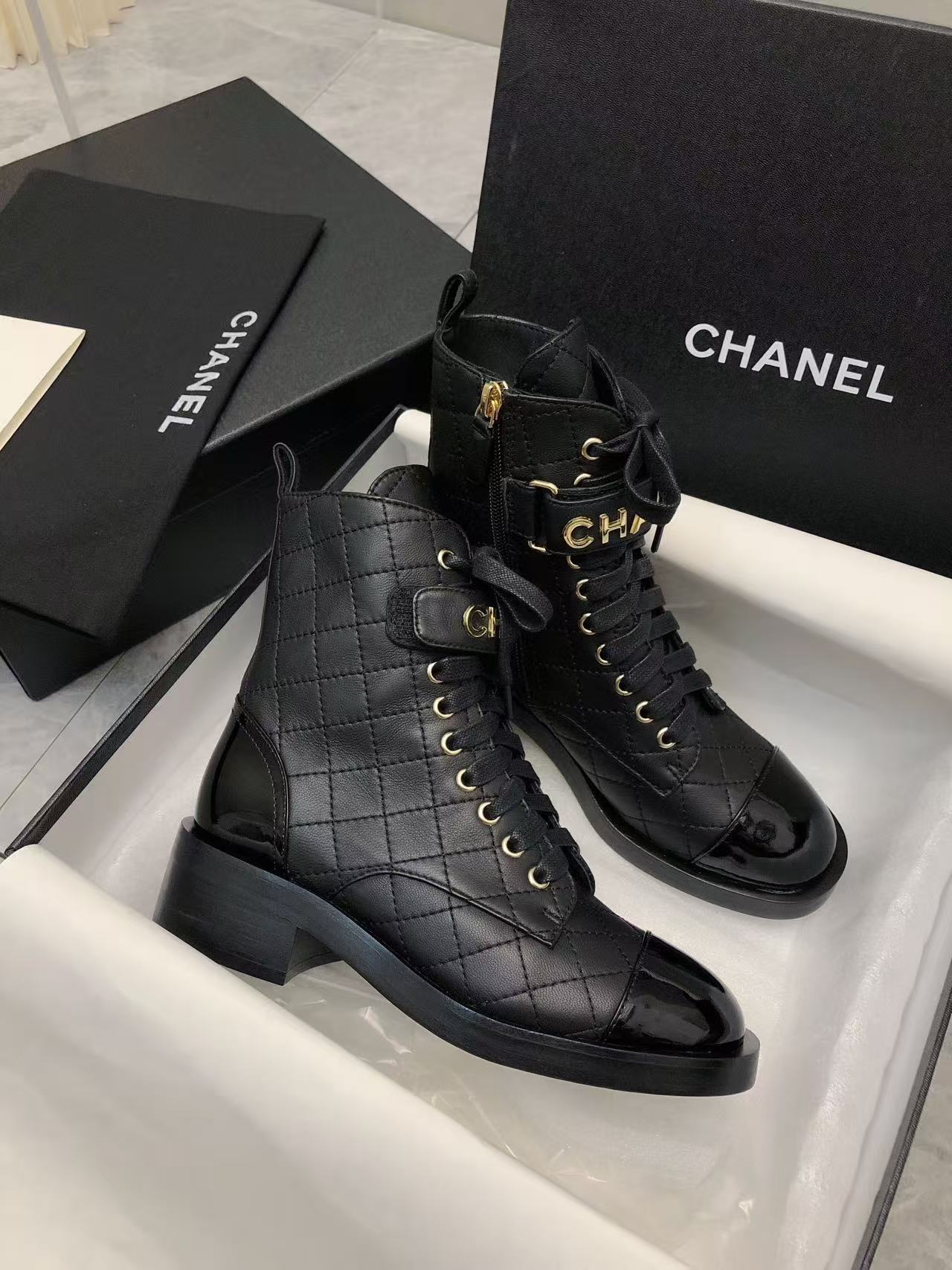 Chanel Qulited Lace Up Combat Boots Black - Image 7