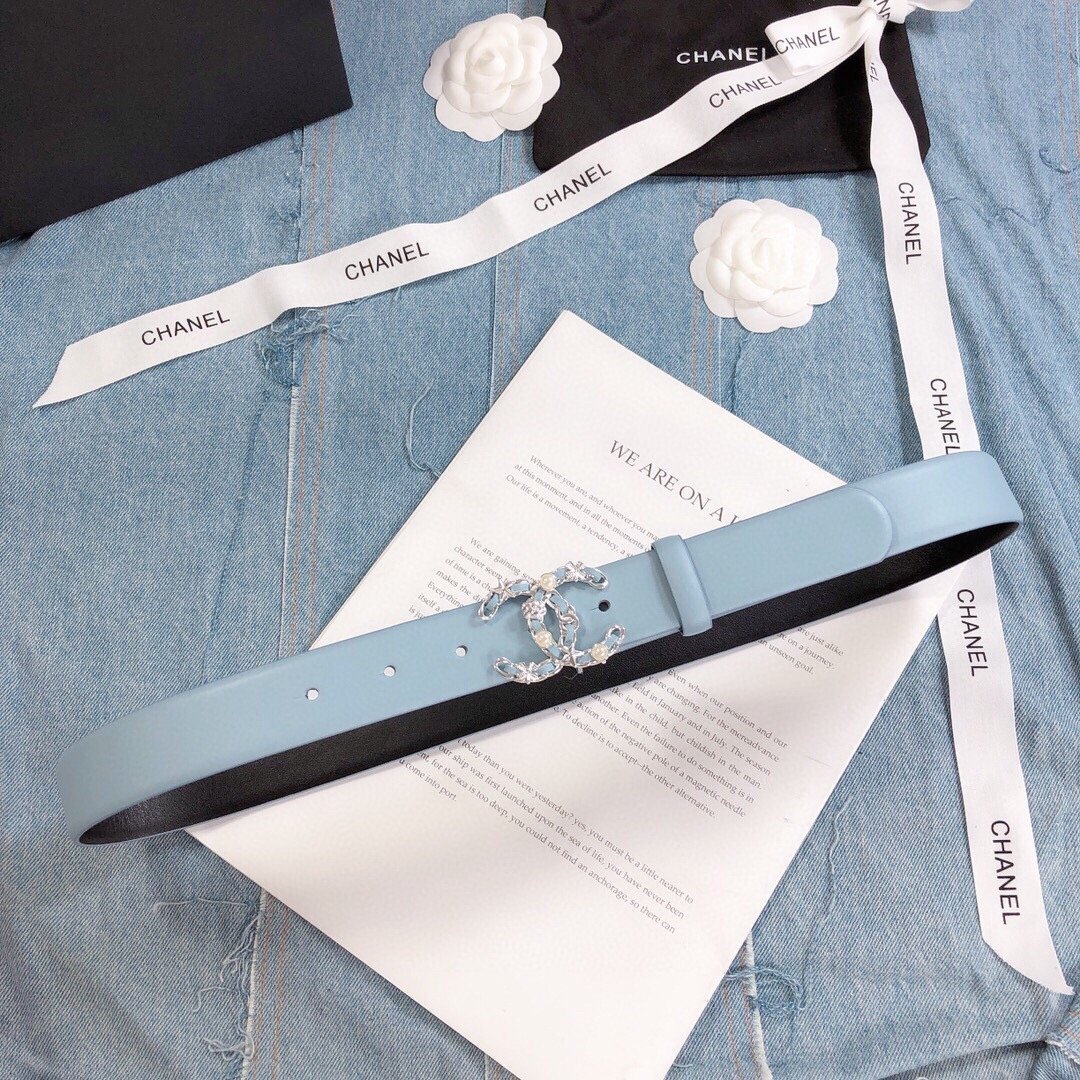 Chanel Belt With Double C Buckle Light Blue Silver Toned Hardware Women Belt 30MM - Image 1
