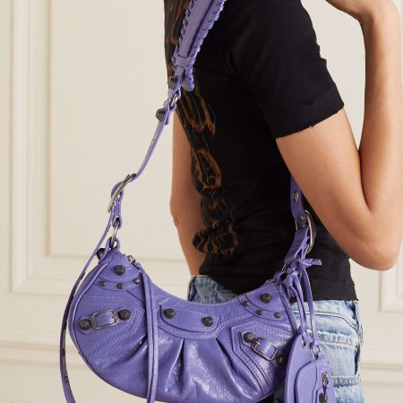BALENCIAGA Le Cagole XS studded crinkled-leather shoulder bag purple - Image 5