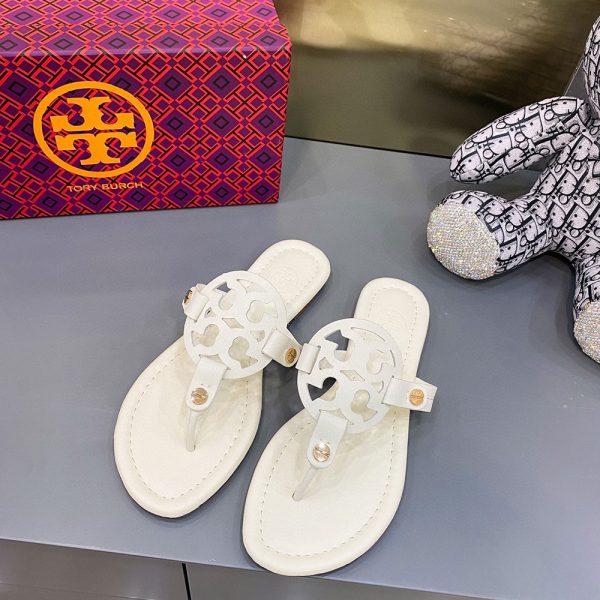 Tory Burch Leather Metal Double T Logo Flip-flops Sandals Slide