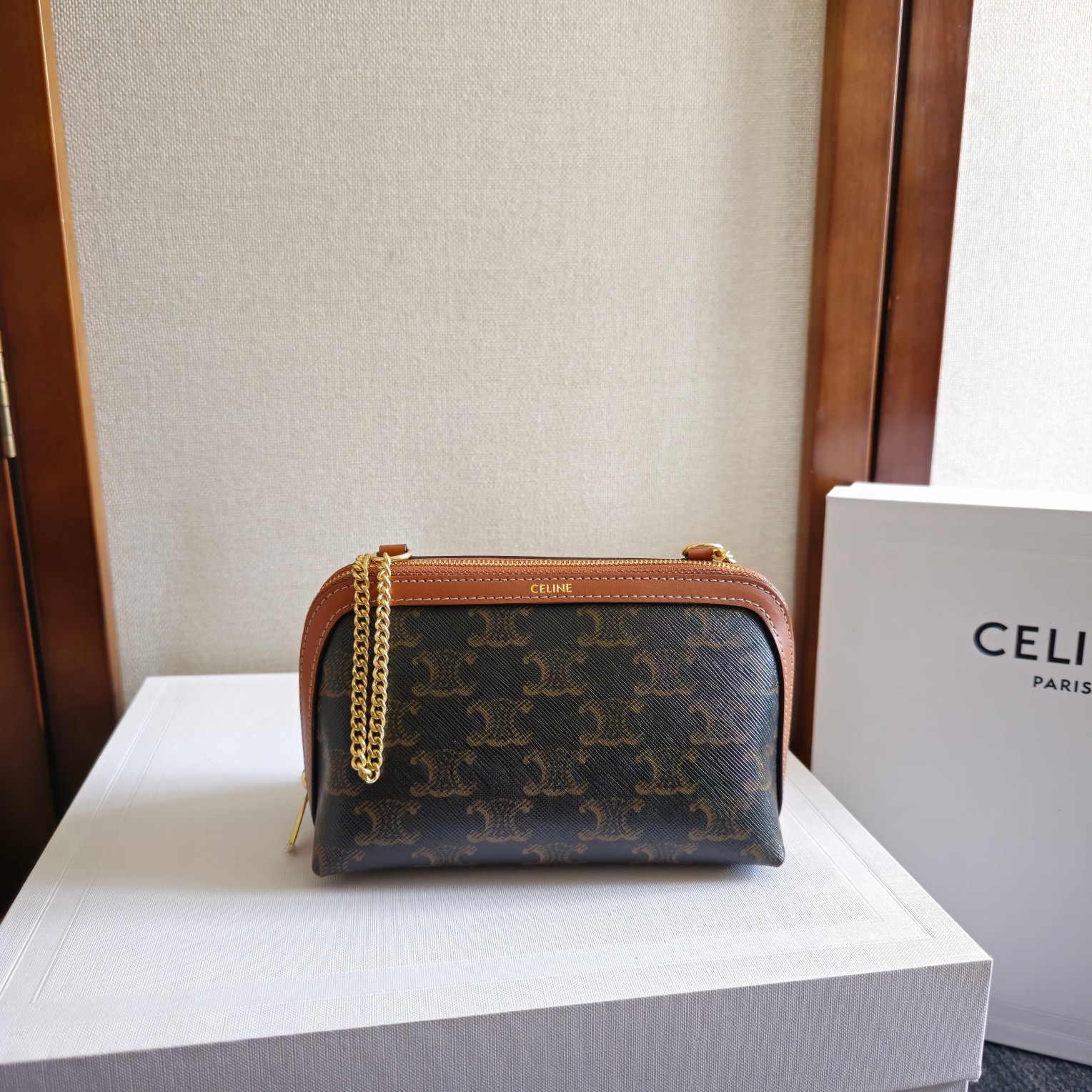 Clutch with Chain in Triomphe canvas and Lambskin - Image 2