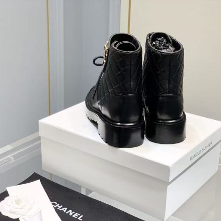 Chanel Shiny Qulited Lace Up Combat Boots Black - Image 3