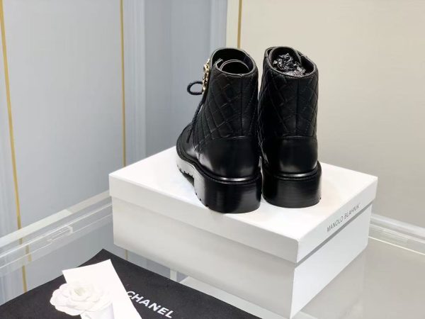 Chanel Shiny Qulited Lace Up Combat Boots Black
