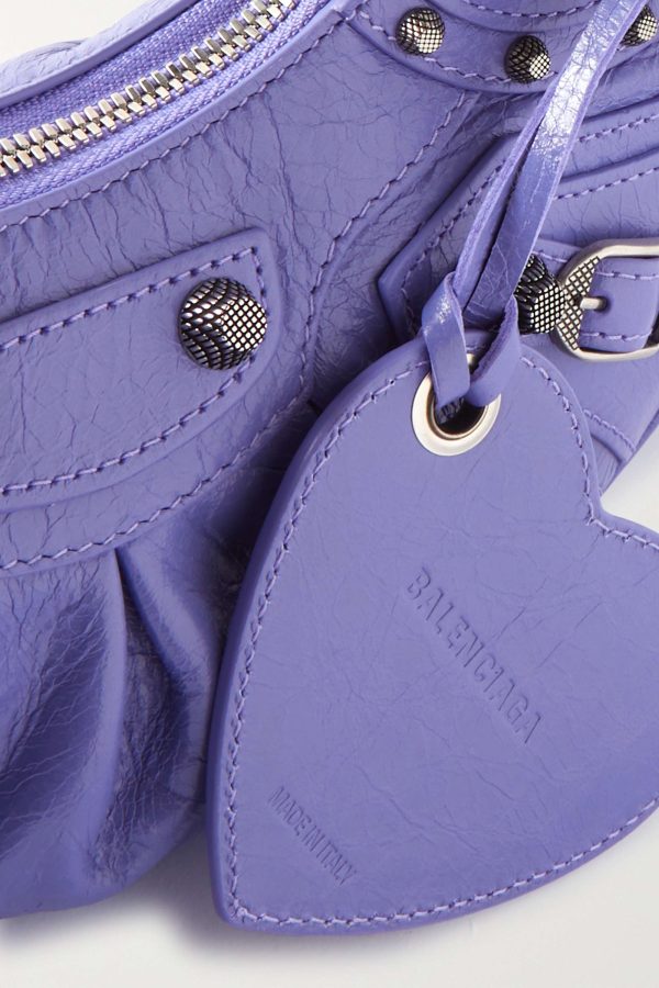 BALENCIAGA Le Cagole XS studded crinkled-leather shoulder bag purple