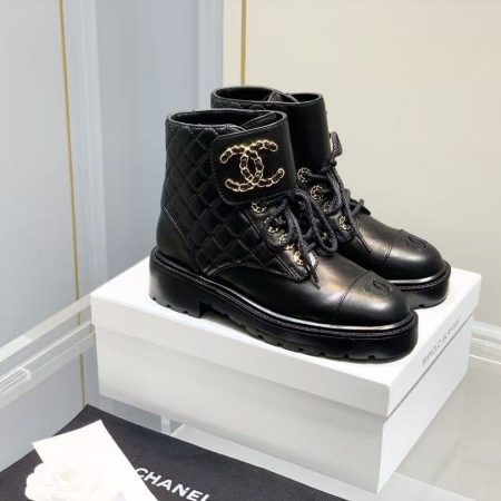 Chanel Shiny Qulited Lace Up Combat Boots Black - Image 2