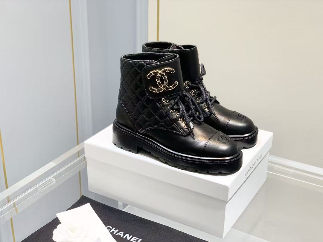 Chanel Shiny Qulited Lace Up Combat Boots Black - Image 2