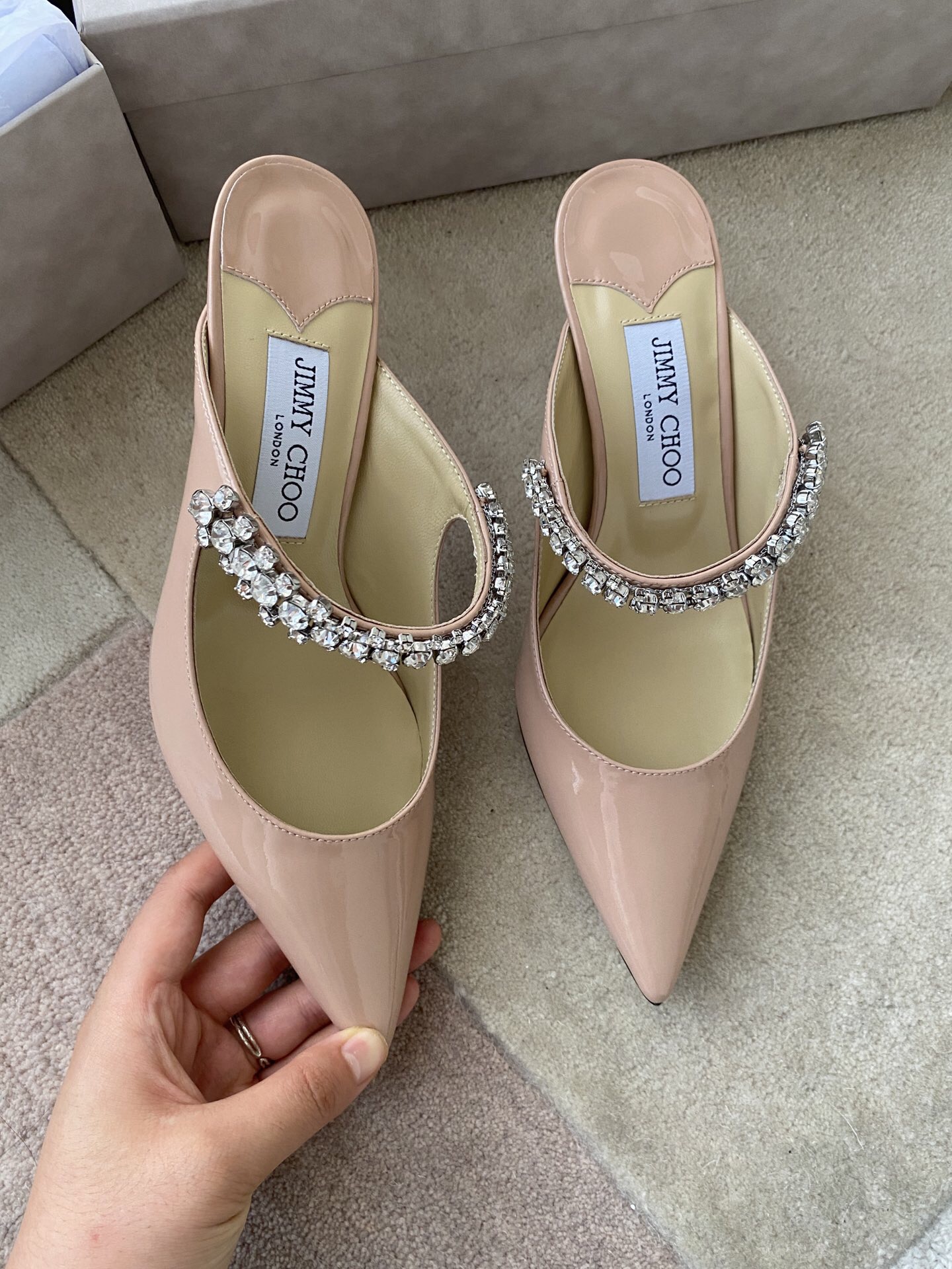 Jimmy Choo Bing 100 Ballet Pink Patent Leather Mules with Crystal Strap - Image 5
