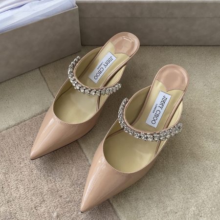 Jimmy Choo Bing 100 Ballet Pink Patent Leather Mules with Crystal Strap