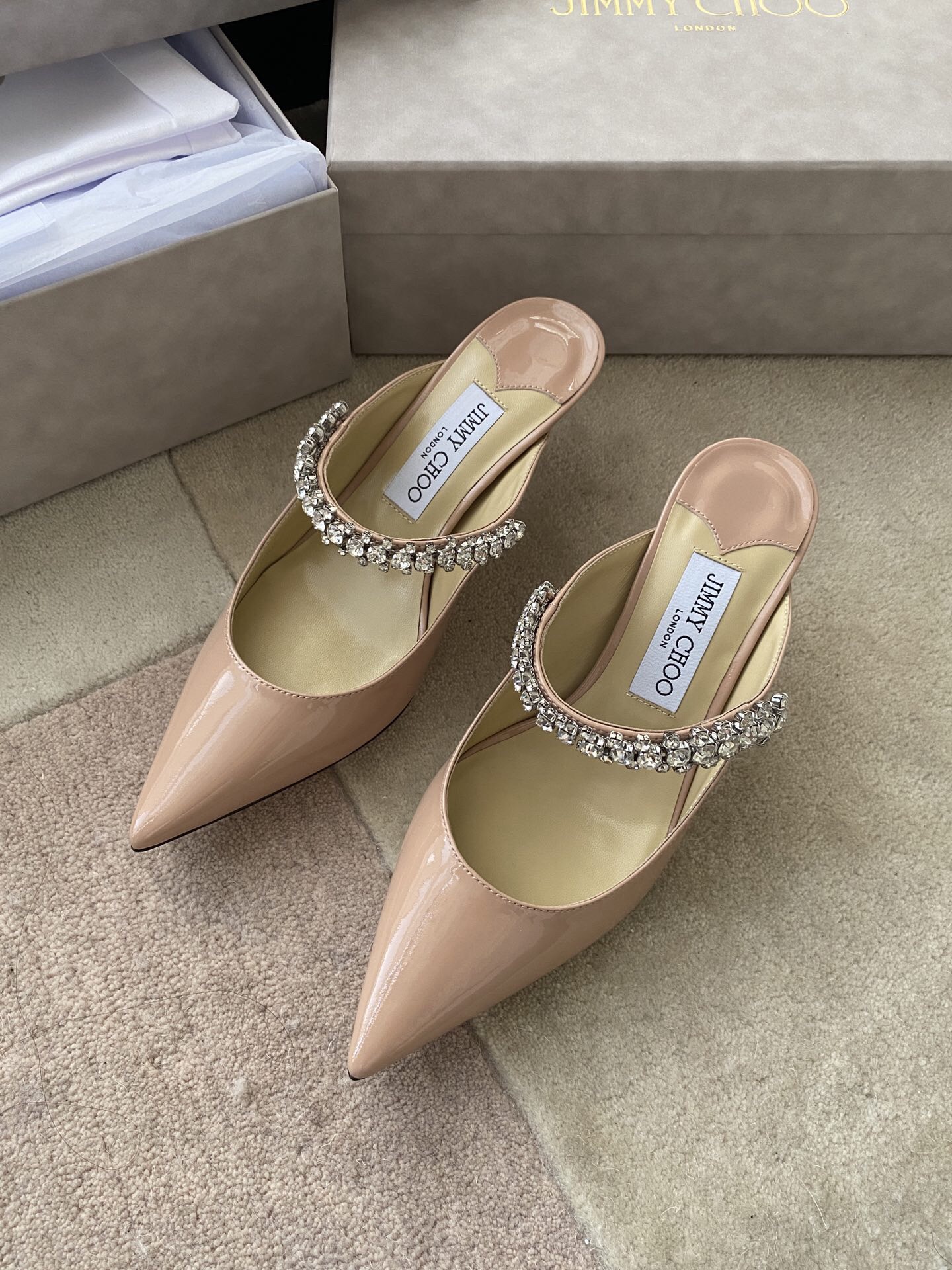 Jimmy Choo Bing 100 Ballet Pink Patent Leather Mules with Crystal Strap - Image 1