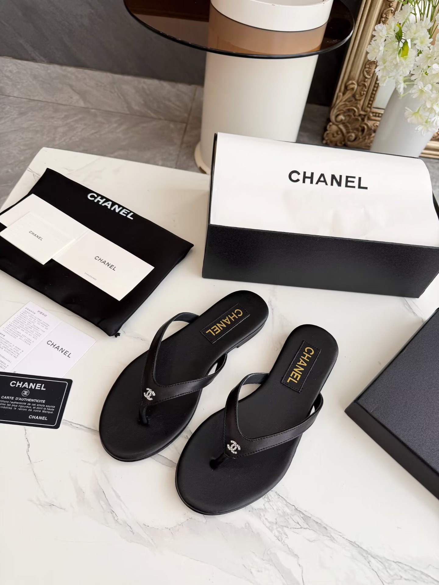 Chanel Black Thong CC Sandals - Image 2