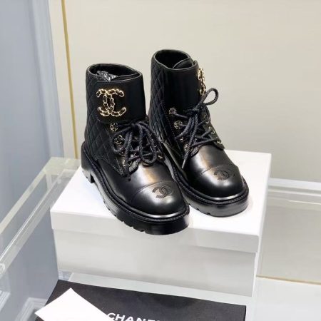 Chanel Shiny Qulited Lace Up Combat Boots Black