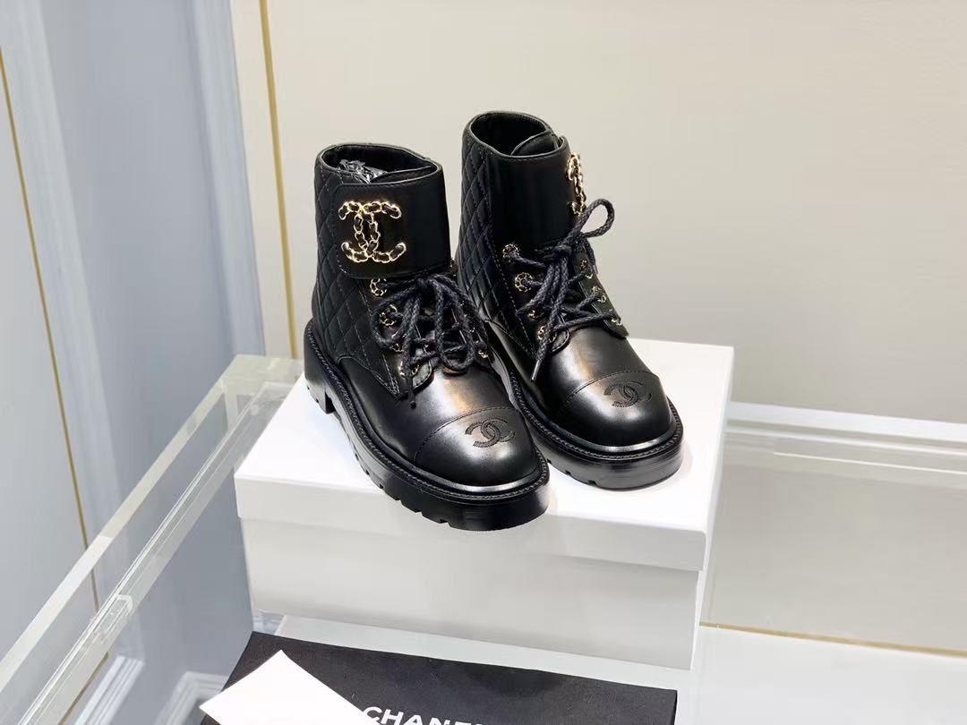 Chanel Shiny Qulited Lace Up Combat Boots Black - Image 1