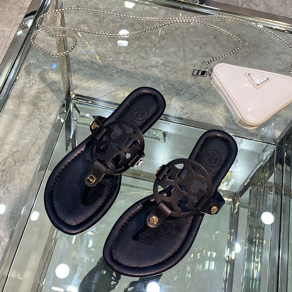 Tory Burch Leather Metal Double T Logo Flip-flops Sandals Slide - Image 19