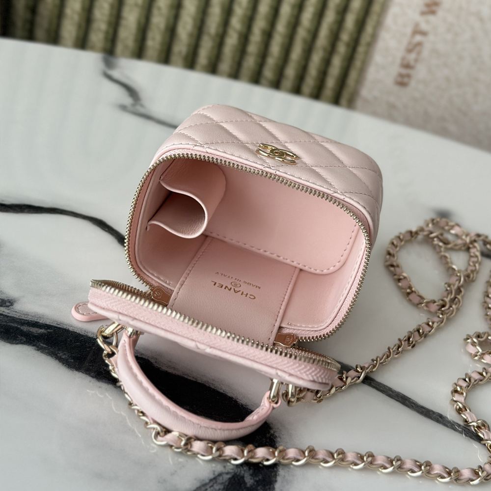 Chanel Lambskin Quilted Top Handle Mini Vanity Case With Chain Light Pink - Image 8
