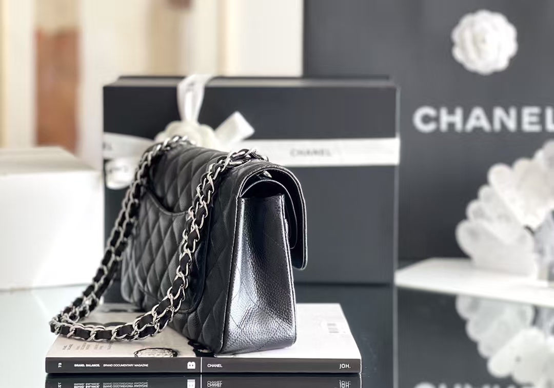 CHANEL Classic Double Flap Quilted Caviar Silver Top Quality - Image 3