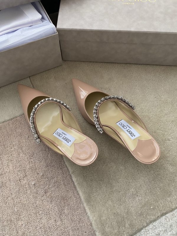 Jimmy Choo Bing 100 Ballet Pink Patent Leather Mules with Crystal Strap