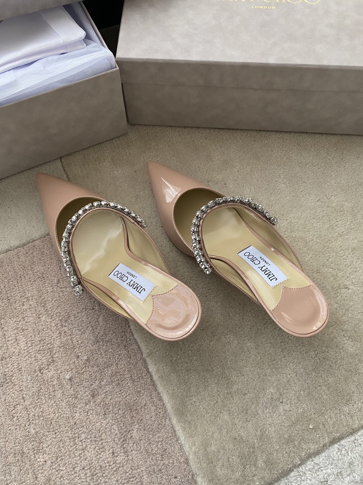 Jimmy Choo Bing 100 Ballet Pink Patent Leather Mules with Crystal Strap - Image 9