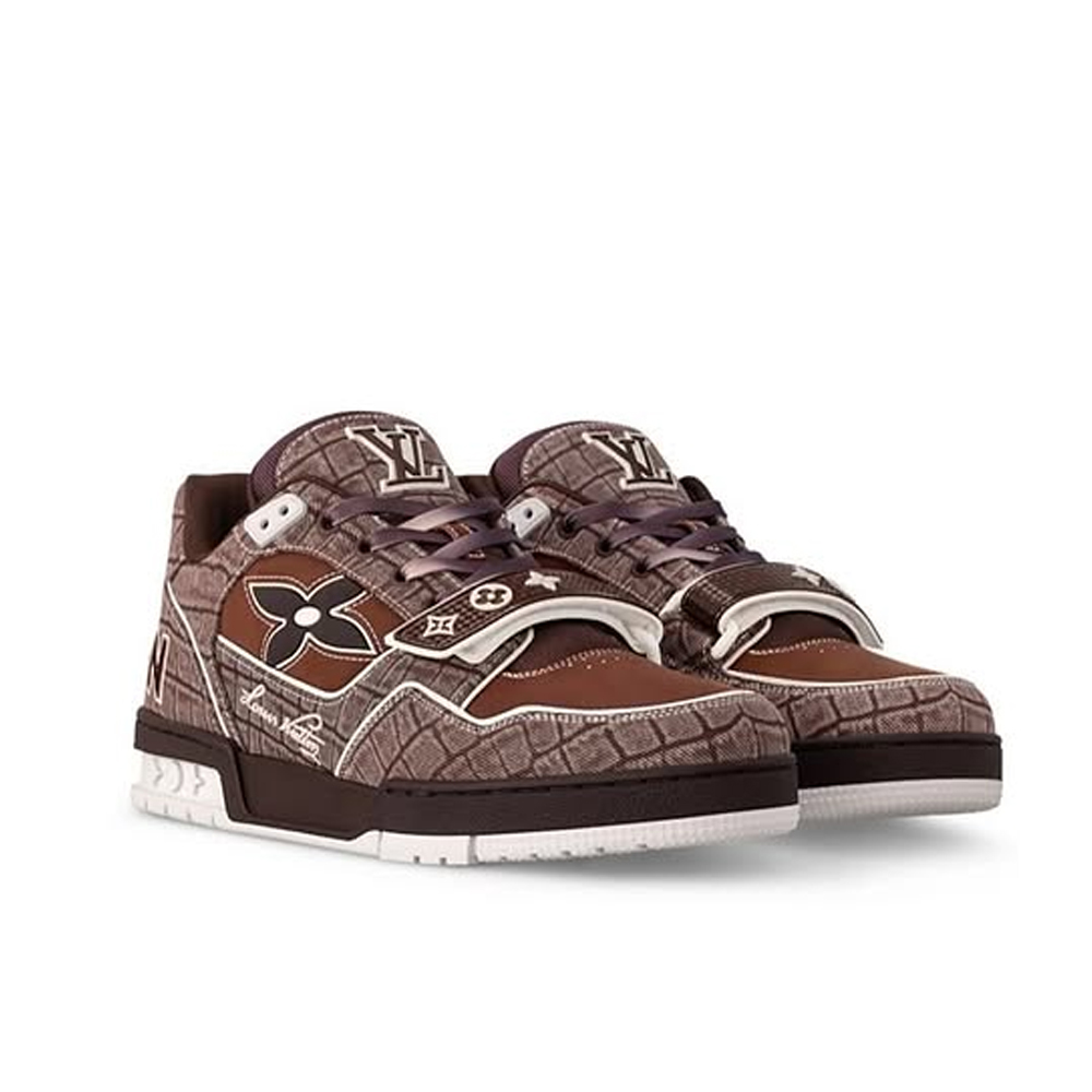 LV Trainer Croc-Embossed Denim Sneaker - Image 1