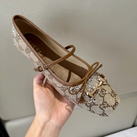 Gucci Women's GG Crystal Gucci Horsebit Ballet Flat in Beige - Image 5